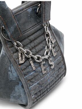Diesel Gray Quilted Denim Tote with Silver Charm Chain